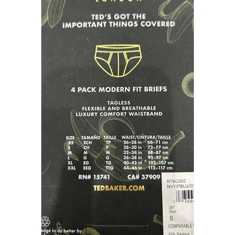 Ted Baker Mens Sz Small 4-Pack Cotton Stretch Modern Briefs Multicolor Underwear